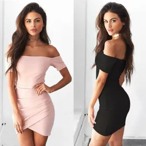 Pink & Black Off Shoulder Short Sleeve Bodycon Homecoming Dresses