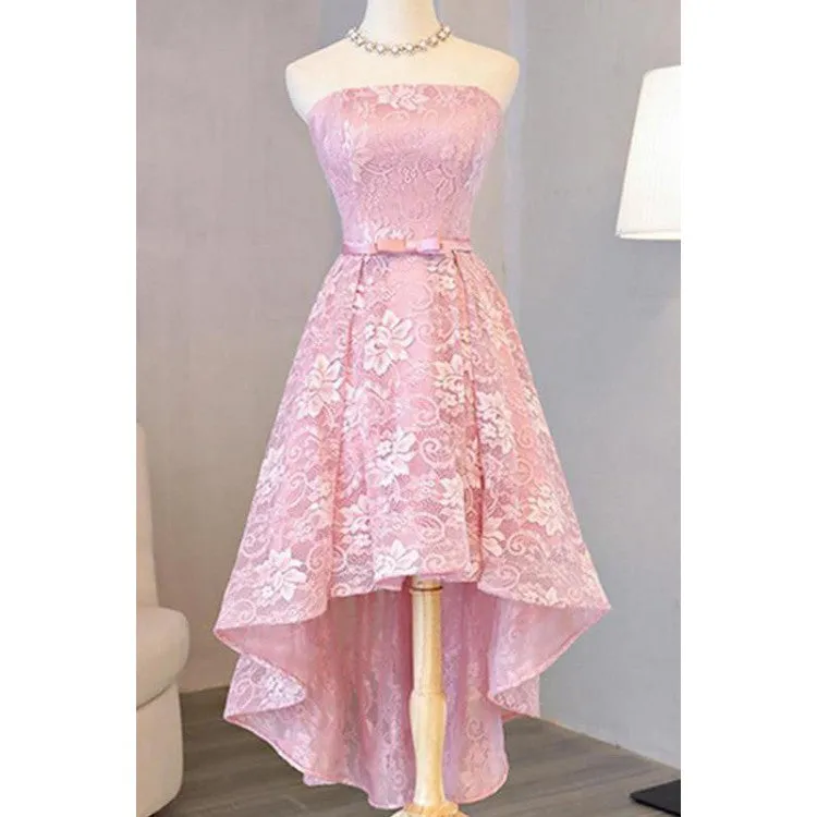 Pink Full Lace Applique Strapless Prom Homecoming Dresses With Bowknot