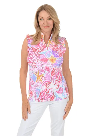 Pink Sea Wave UPF50  Ruffle Zip Sleeveless Top