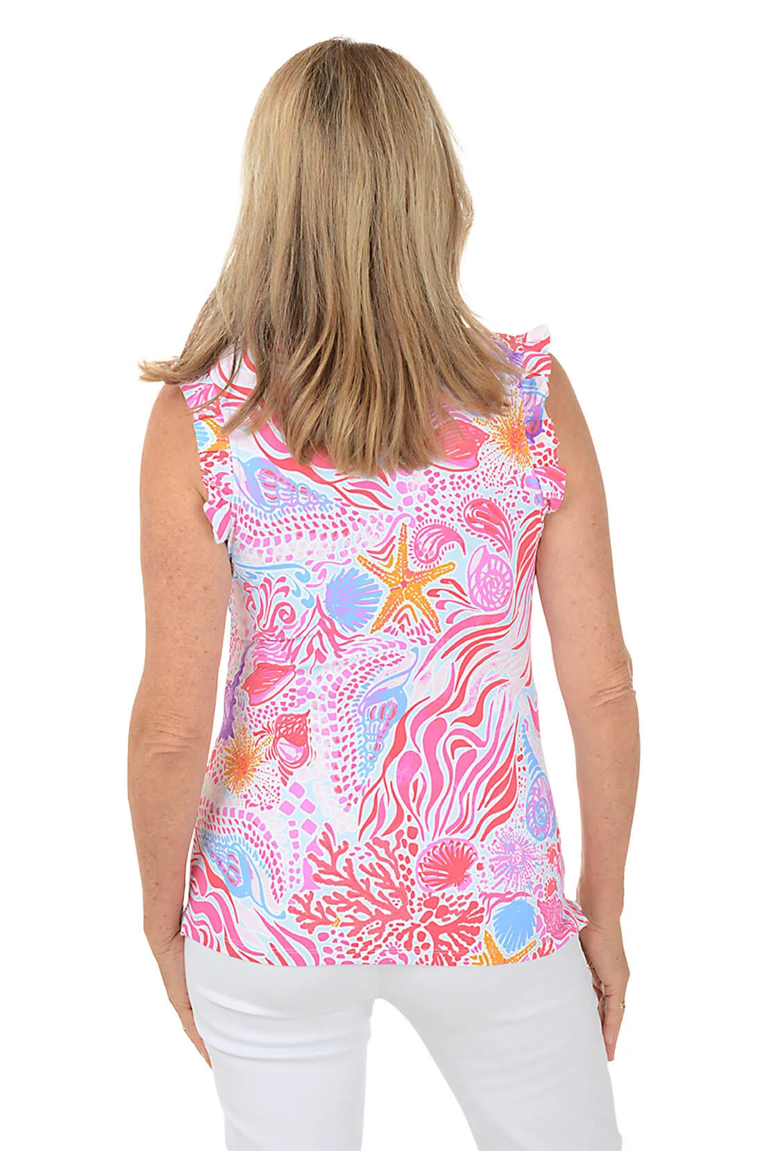 Pink Sea Wave UPF50  Ruffle Zip Sleeveless Top