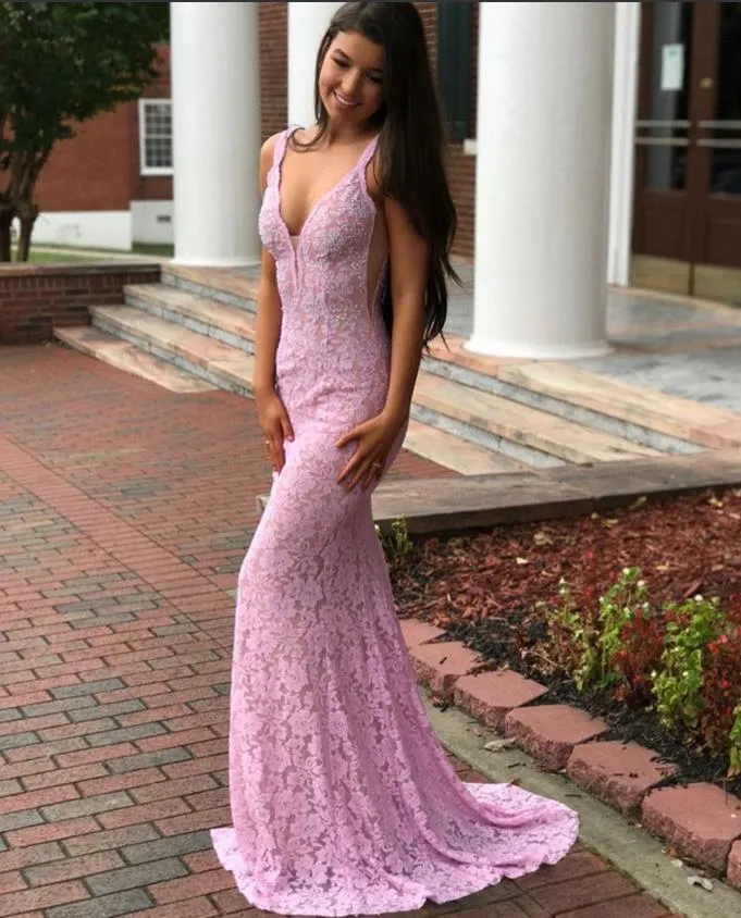 Pink V neck Mermaid Lace Prom Dress