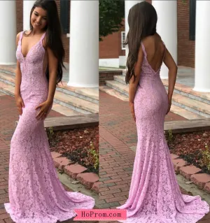 Pink V neck Mermaid Lace Prom Dress