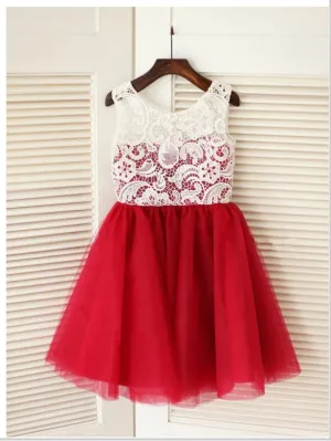 Princess Lace Tulle Scoop Sleeveless Long Flower Girl Dresses