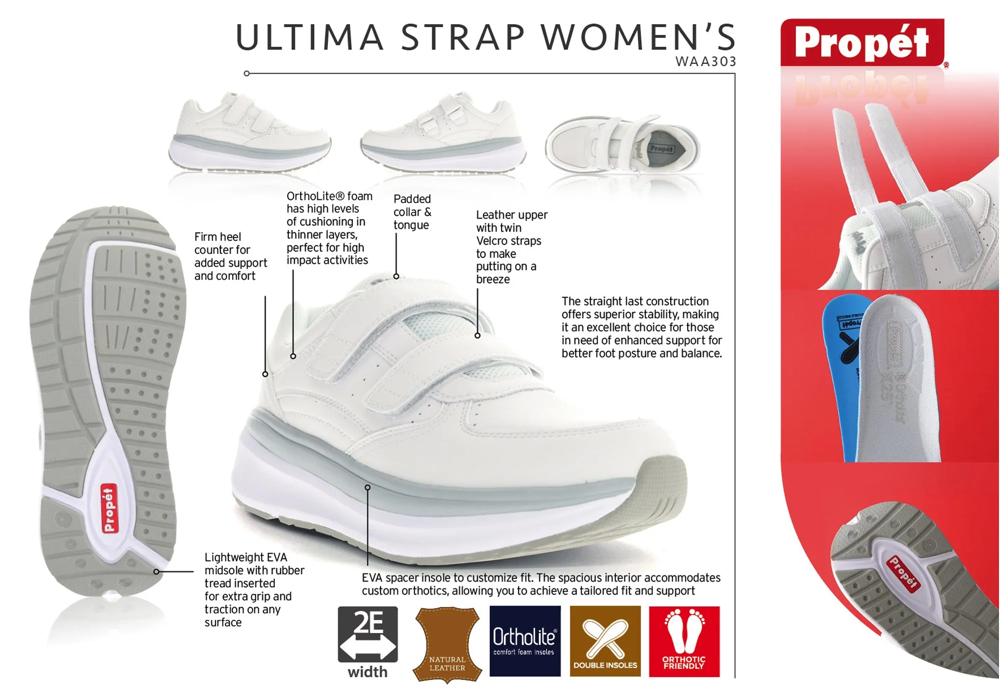 Propet Womens Ultima Strap Leather Comfortable 2E Extra Wide Fit Shoes