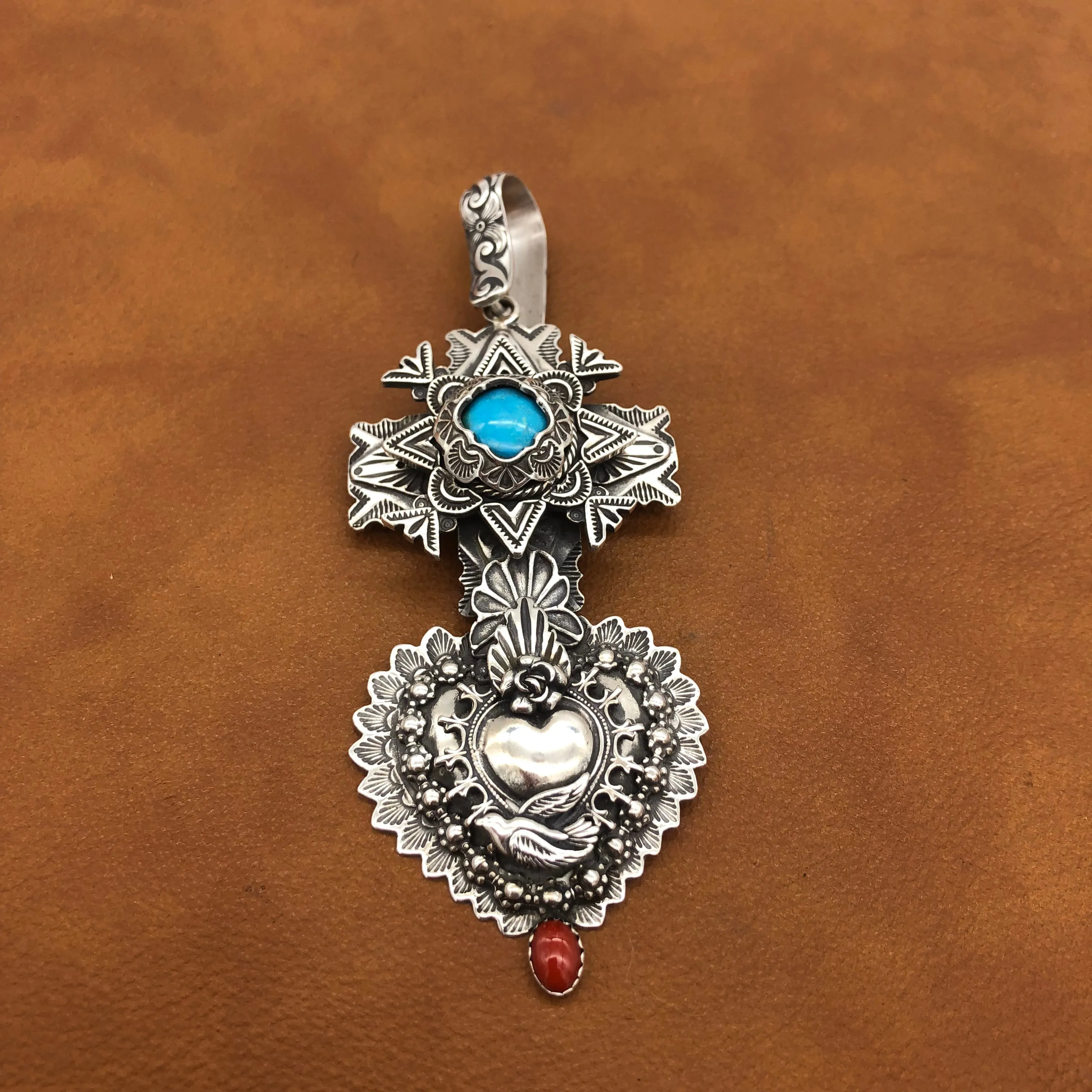 PTH73 Multi Layer Cross Heart with Captive Stone Pendant