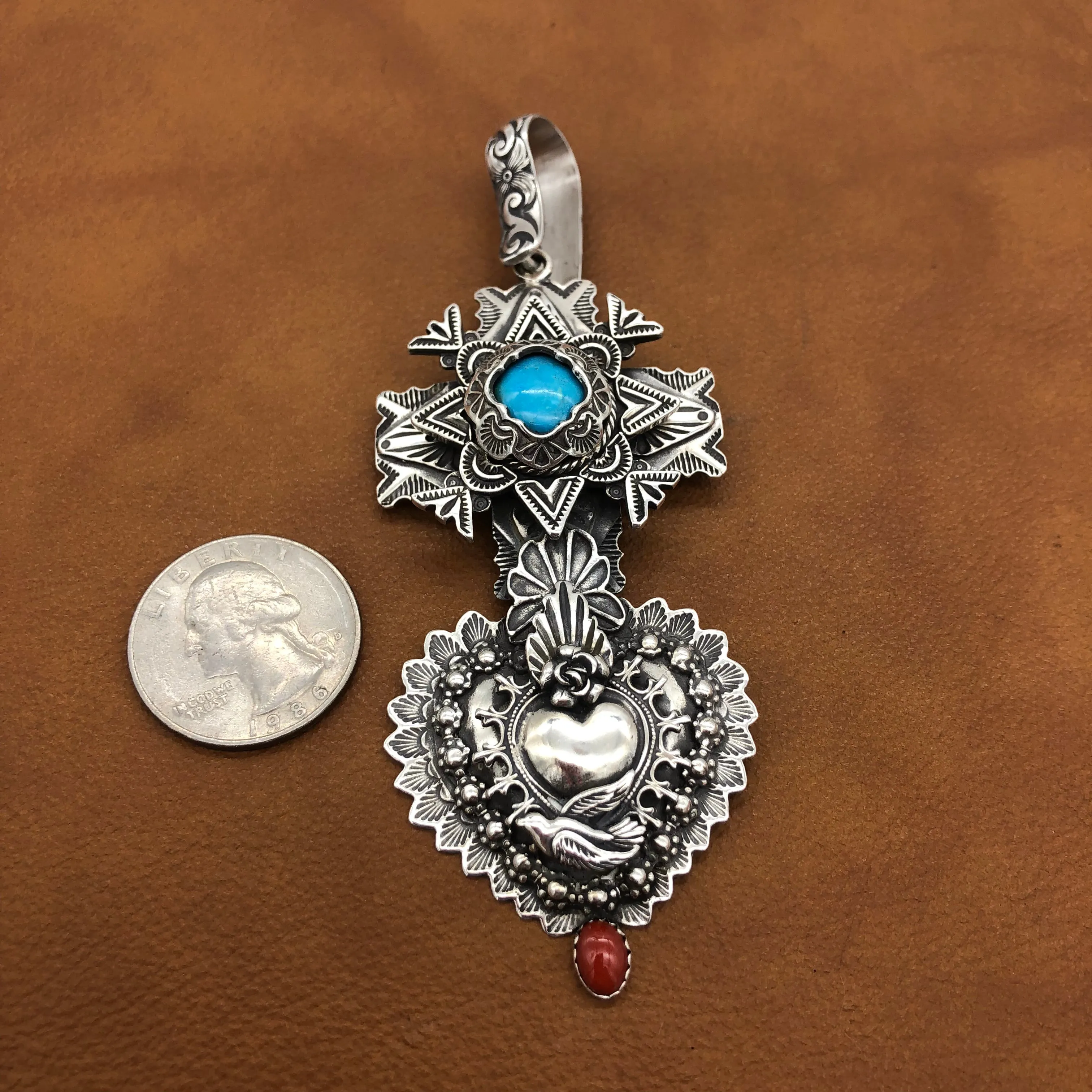 PTH73 Multi Layer Cross Heart with Captive Stone Pendant