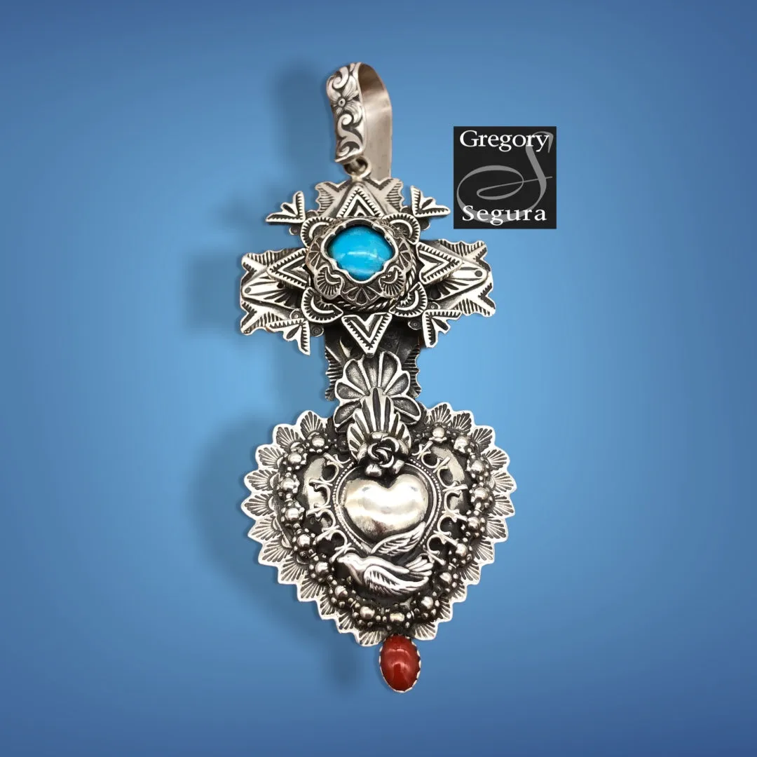 PTH73 Multi Layer Cross Heart with Captive Stone Pendant