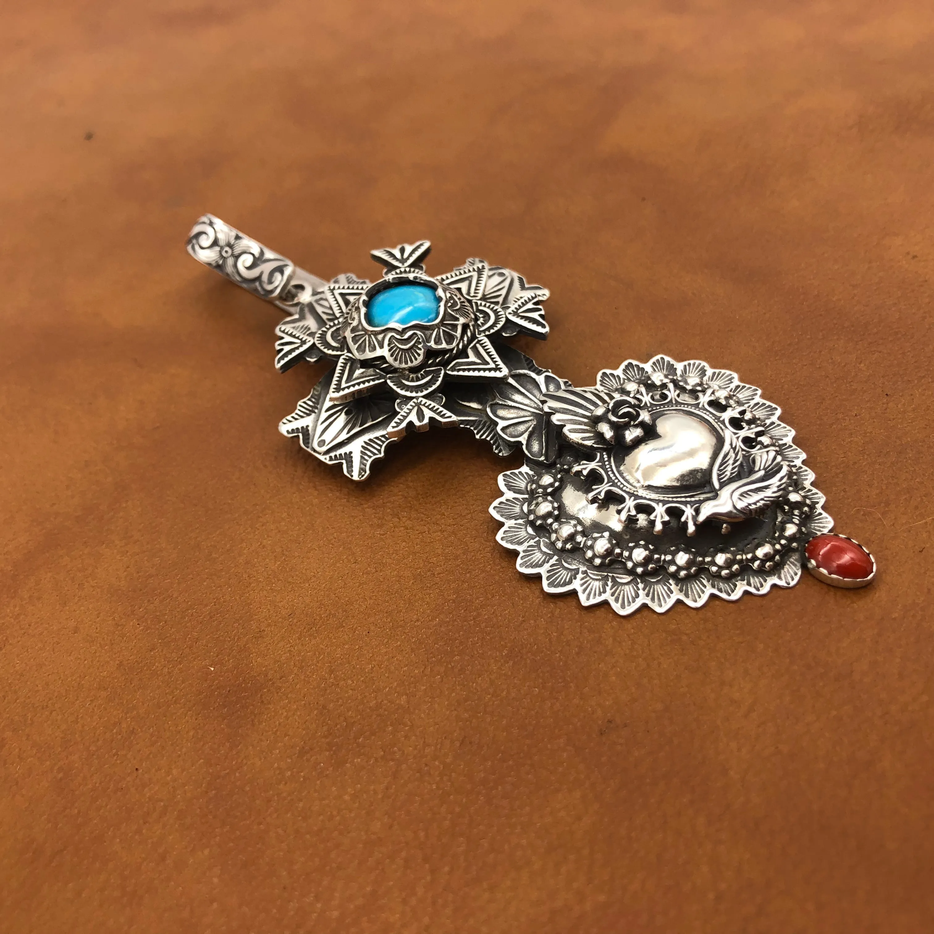 PTH73 Multi Layer Cross Heart with Captive Stone Pendant