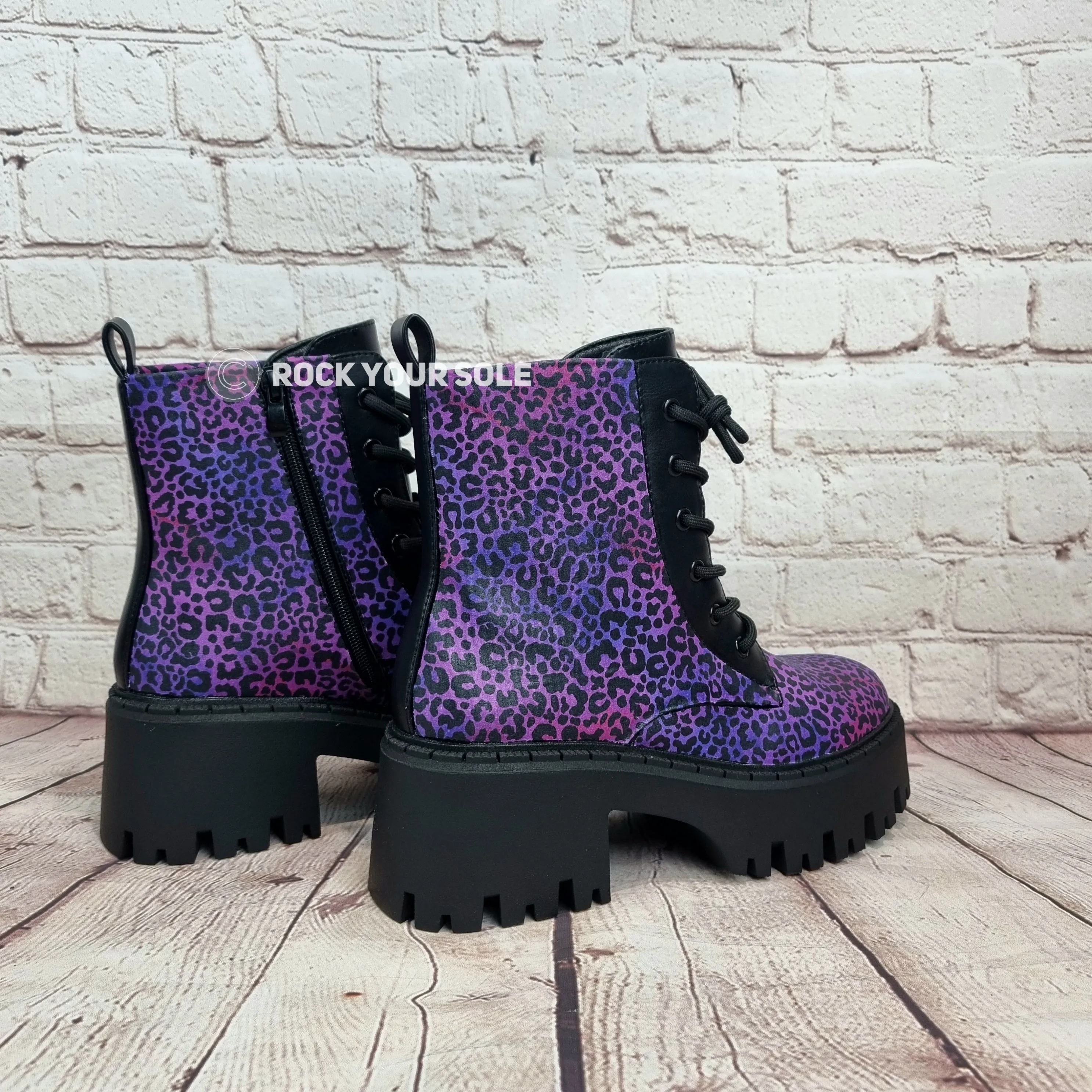 Purple leopard chunky heel ankle boots