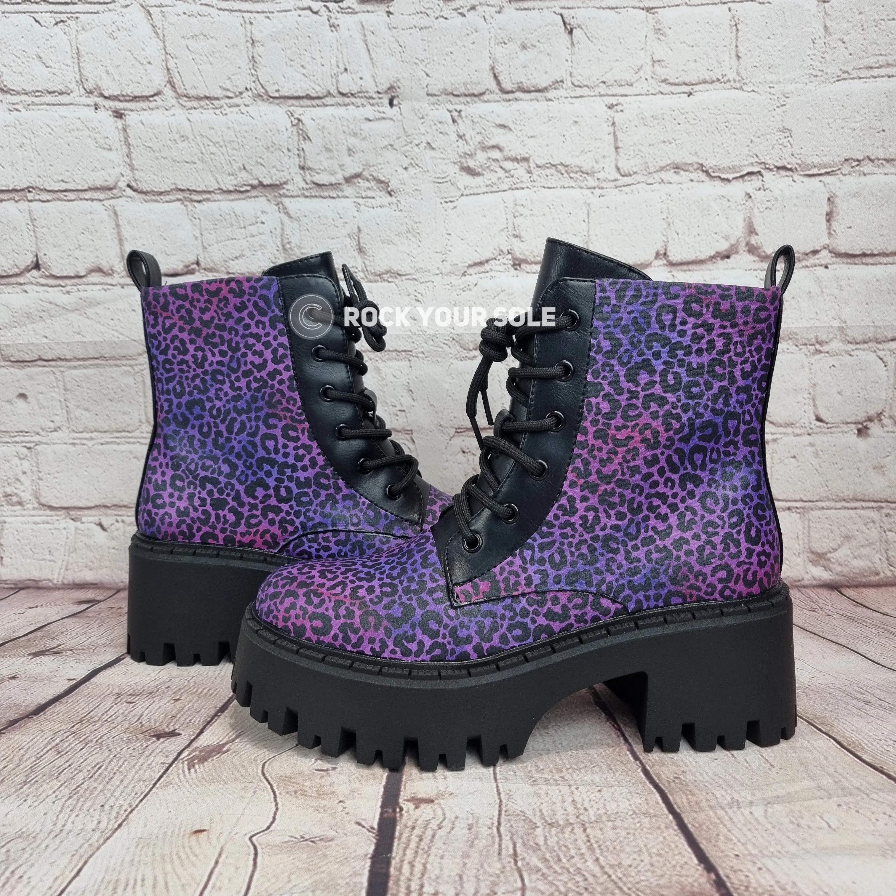 Purple leopard chunky heel ankle boots