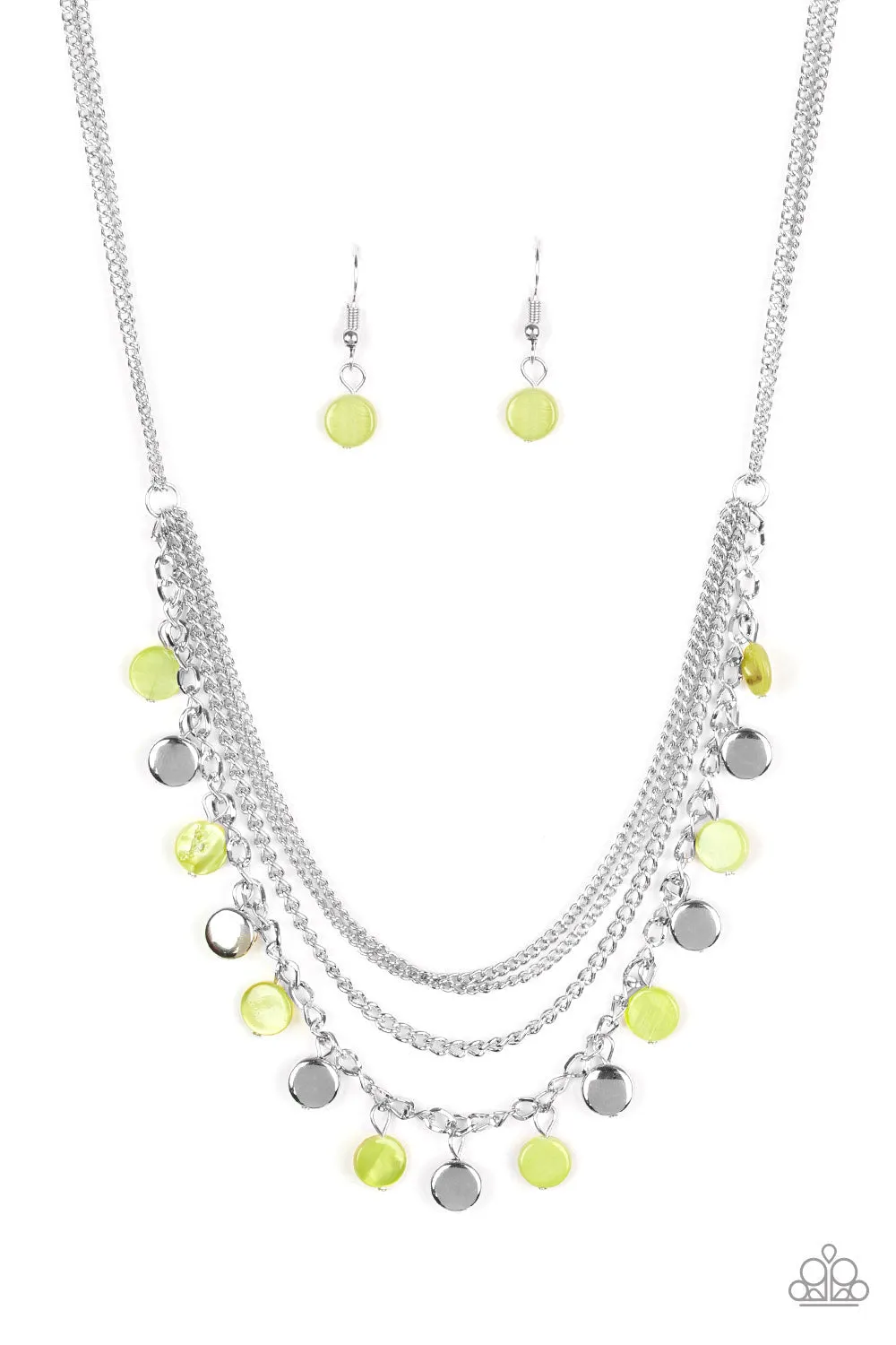 "Beach Flavor" Silver Green Shell Like Multi Layer Necklace Set