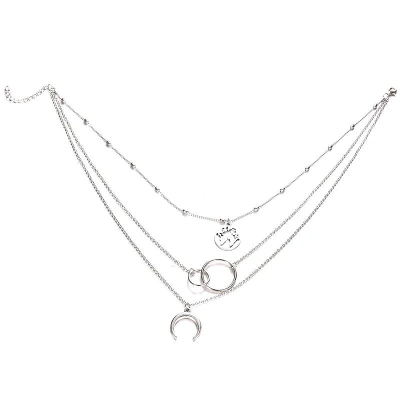 Retro Moon World Map Circle Pendant Multilayer Necklace - Fashion Party Charm Jewelry for Women