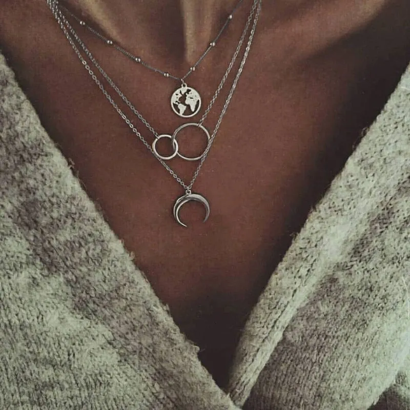 Retro Moon World Map Circle Pendant Multilayer Necklace - Fashion Party Charm Jewelry for Women