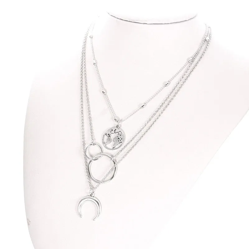 Retro Moon World Map Circle Pendant Multilayer Necklace - Fashion Party Charm Jewelry for Women