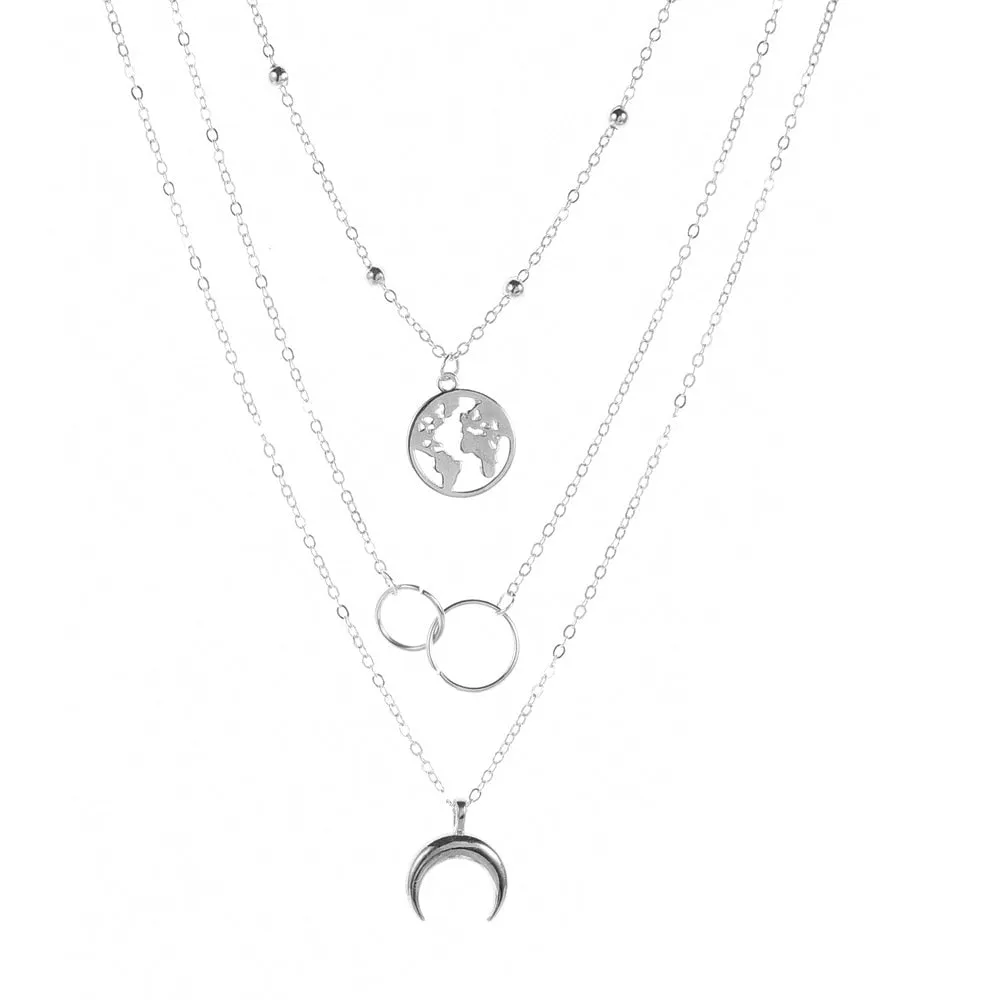 Retro Moon World Map Circle Pendant Multilayer Necklace - Fashion Party Charm Jewelry for Women