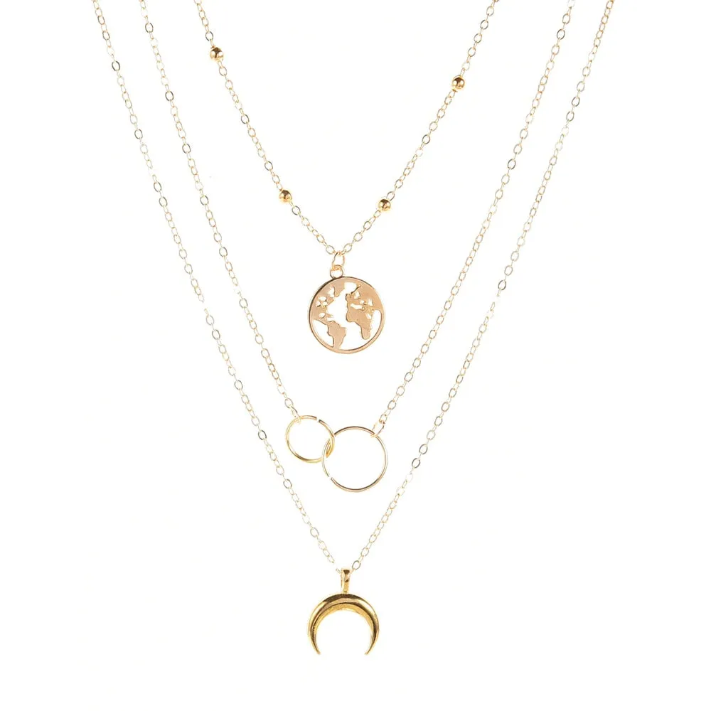 Retro Moon World Map Circle Pendant Multilayer Necklace - Fashion Party Charm Jewelry for Women