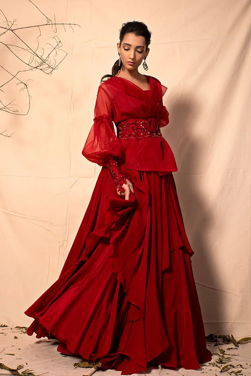 Scarlet Red Organza Jacket with Multi Asymmetric Layer Lehenga set