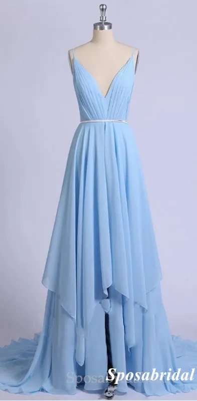 Sexy Blue Chiffon Spaghetti Straps V-Neck Sleeveless A-Line Long Prom Dresses, PD3960