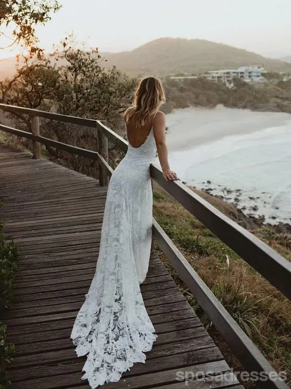 Spaghetti Straps Long Mermaid Backless Lace Wedding Dresses,WD742