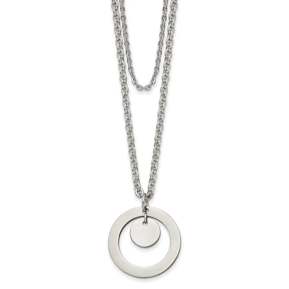 Stainless Steel Polished 2 Strand Circle and Disc 16.5in w/2in ext Necklace