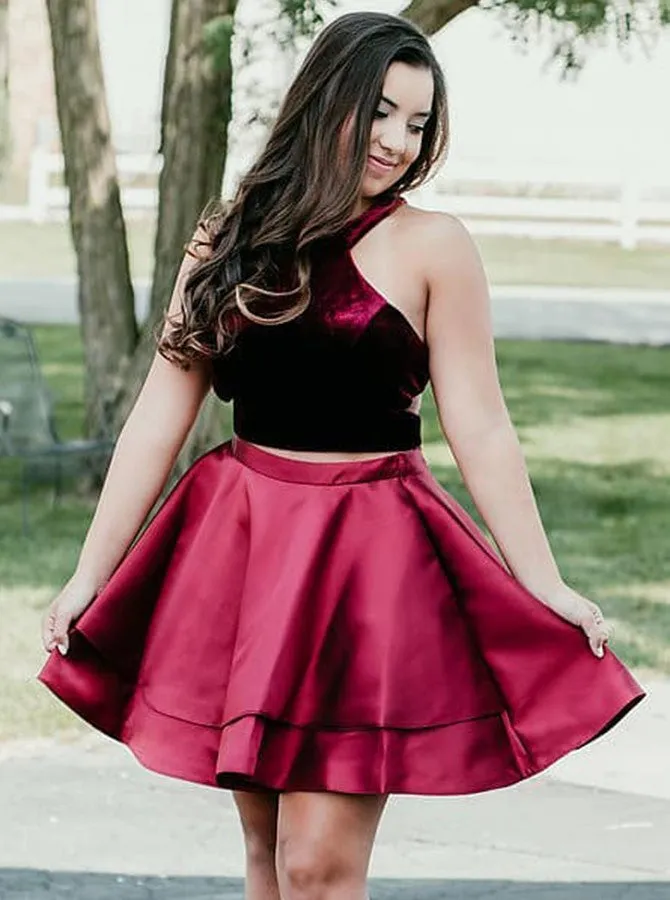 Tiered Burgundy Two Piece Stain Short Homecoming Dresses
