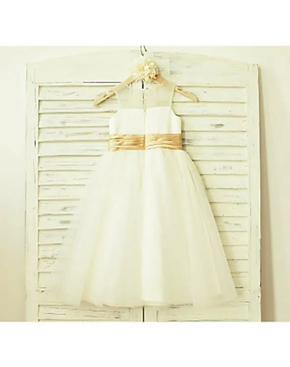 Tulle Lace Sleeveless Scoop Flower Girl Dresses Tea Length Dress