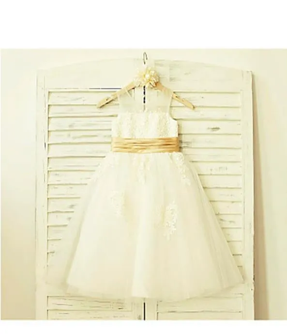 Tulle Lace Sleeveless Scoop Flower Girl Dresses Tea Length Dress