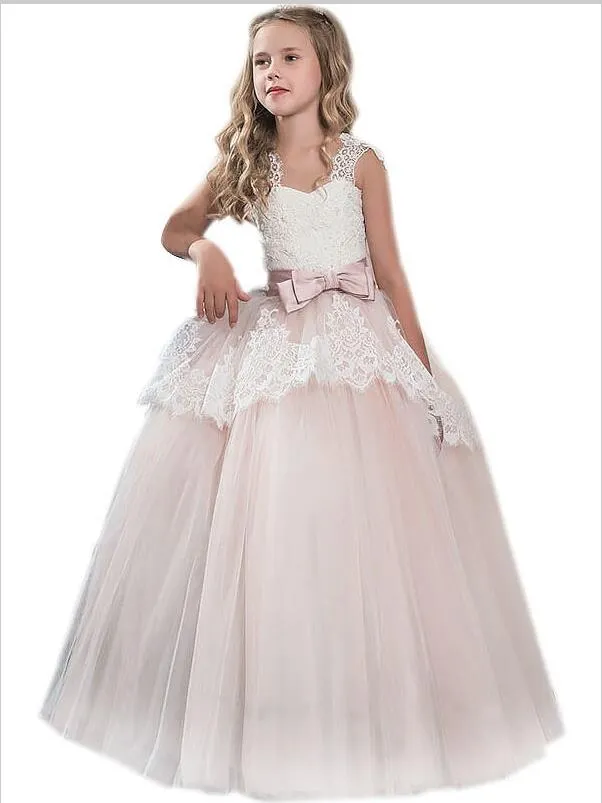 Tulle Sleeveless Flower Girl Dresses Floor Length Ball Gown With Bowknot