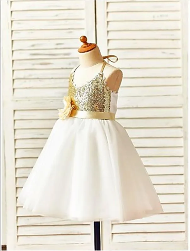 Tulle Spaghetti Straps Sequin Flower Girl Dresses With Hand-Made Flower
