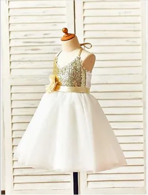 Tulle Spaghetti Straps Sequin Flower Girl Dresses With Hand-Made Flower