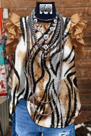 Vintage Print Multi-Layer Fly Sleeve Blouse