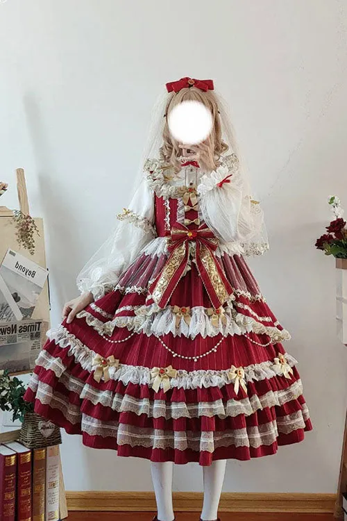 Wine Hanayome Bowknot Princess Multi-Layer Ruffled Sweet Lolita JSK Dress