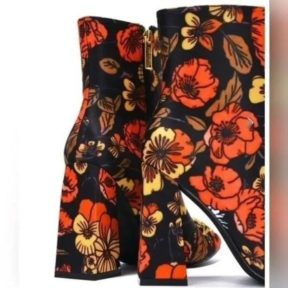 Women Flower Print Square Toe Chain Bit Buckle Block Heel Bootie