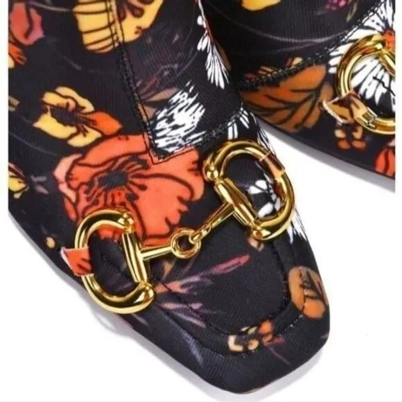 Women Flower Print Square Toe Chain Bit Buckle Block Heel Bootie