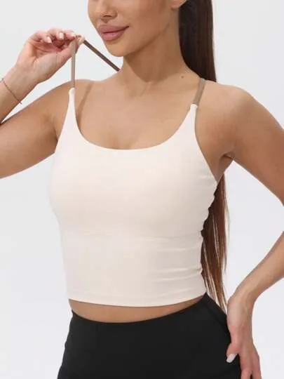 Women’s Fixed Pad Sports Camisole – Contrast Color Elastic Yoga Cami Top
