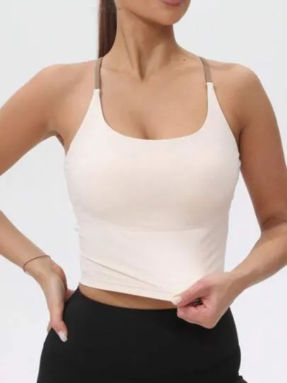 Women’s Fixed Pad Sports Camisole – Contrast Color Elastic Yoga Cami Top