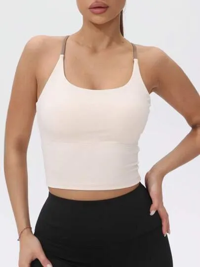 Women’s Fixed Pad Sports Camisole – Contrast Color Elastic Yoga Cami Top