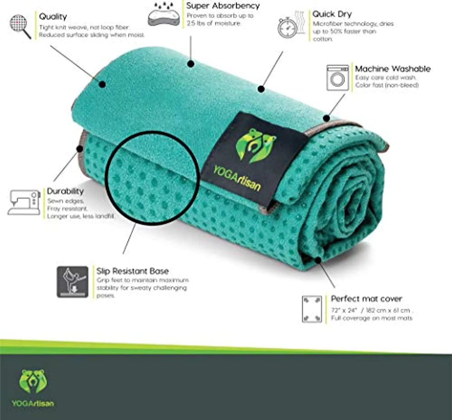 YOGArtisan - Toalla de yoga caliente, microfibra antideslizante, toallitas de fitness, ultra absorbentes, secado rápido, fundas para colchoneta para estirar, meditación y Bikram